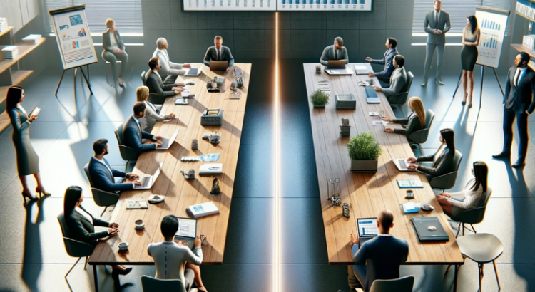 Corporate meeting room showing division between a marketing and sales team. Using AI in sales and marketing alignment initiatives can be transformative.