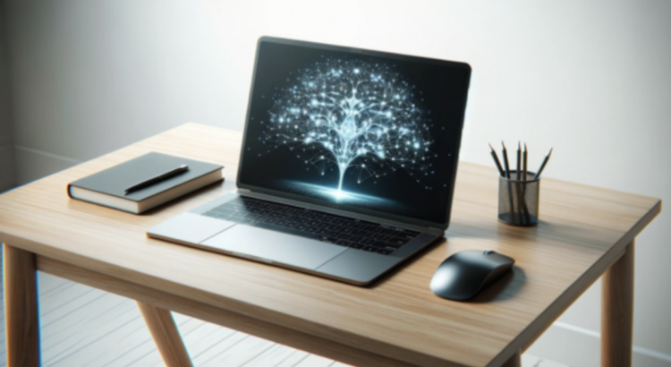 Marketing laptop displaying an abstract AI visualization representing generative AI and intelligent search in a modern B2B workspace