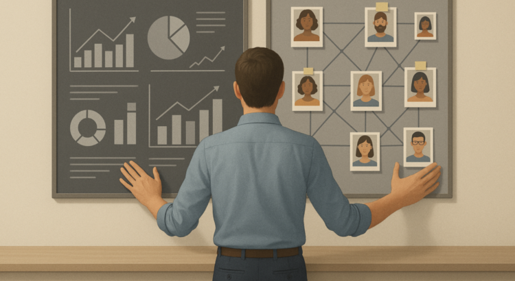 Marketing leader reviewing performance dashboards and team connections to show why marketing success depends on people leadership