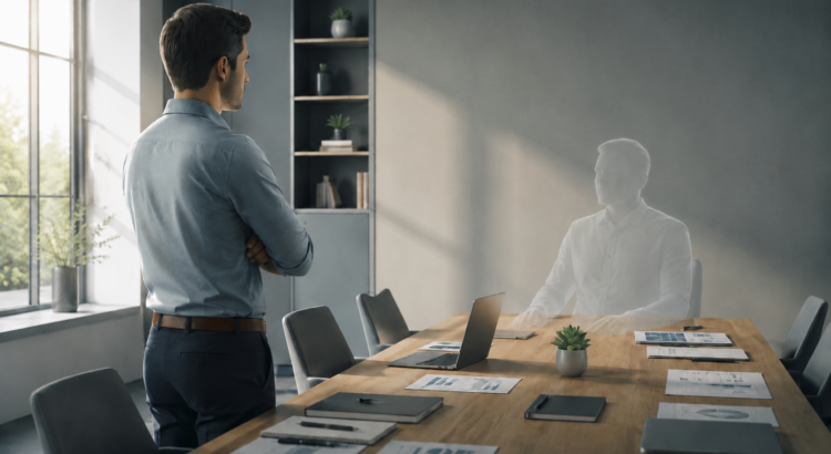 A business leader standing in a conference room while a faded customer figure sits across the table.
